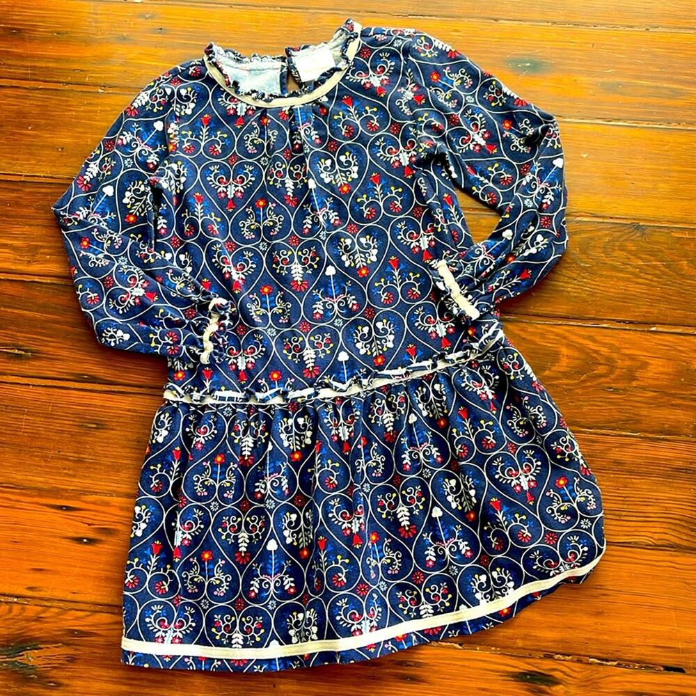 Hanna Andersson long sleeve navy heart floral printed dress sz 120 (6-7)
